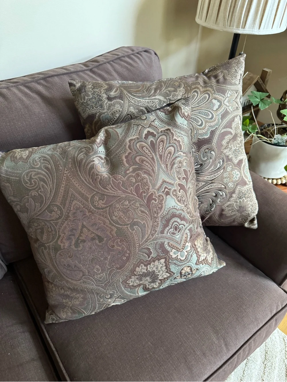 Decorative Paisley Throw Pillow Pair in Brown Taupe and Light Turquoise Blue